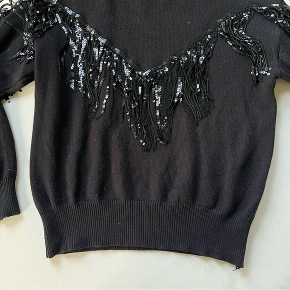 Mod on Trend Black Sweater with Sequin Fringe Medium Cowgirl Southern Glitter - Picture 3 of 7